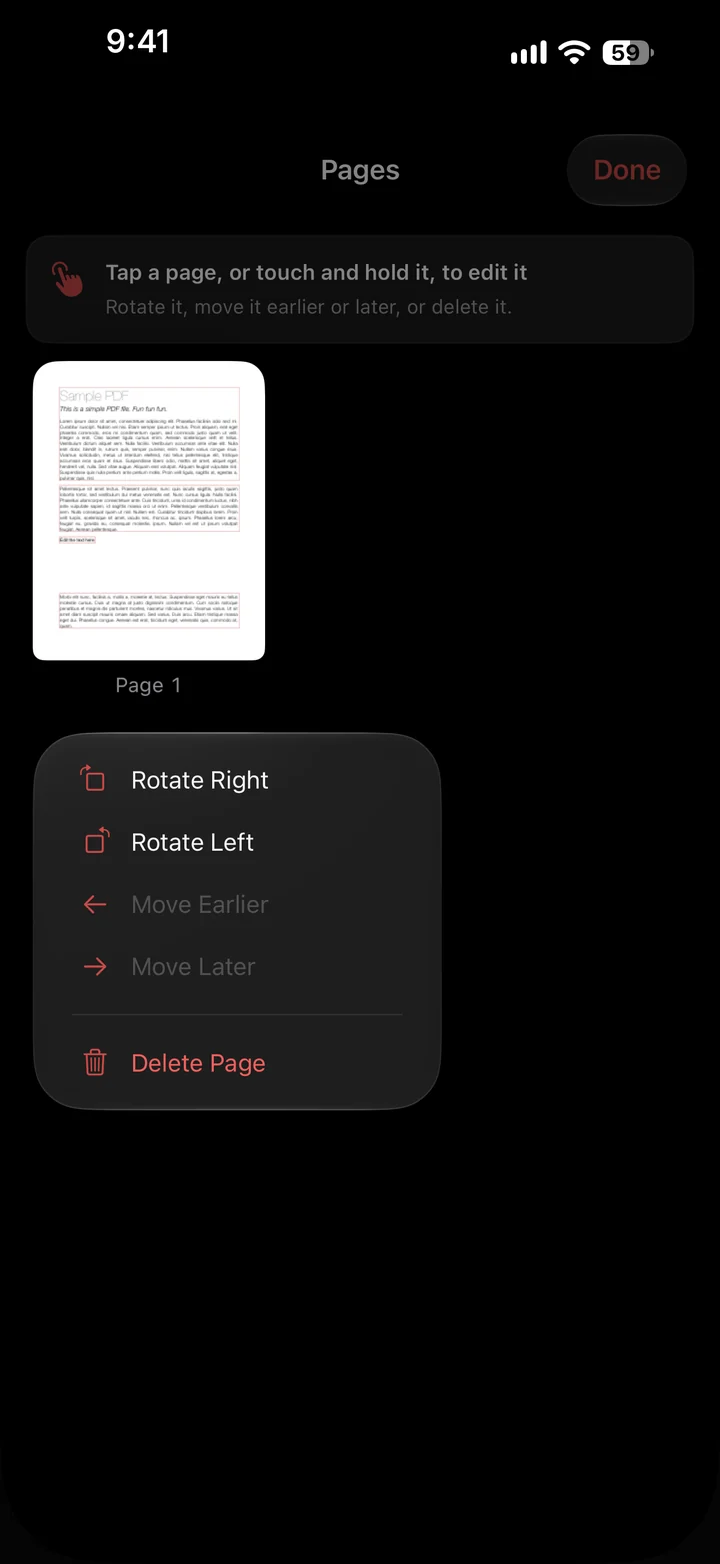 The Pages screen with options to rotate, move or delete a page